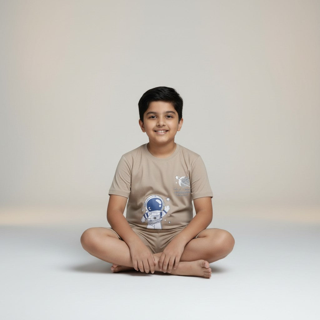 Boys Beige Space Printed Co-ord Set – T-Shirt & Shorts Set