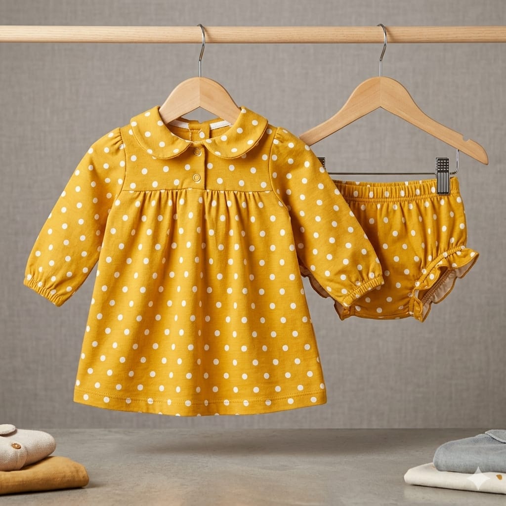 Baby Girls Mustard Yellow Polka Dot Pure Cotton Dress & Bloomer Set