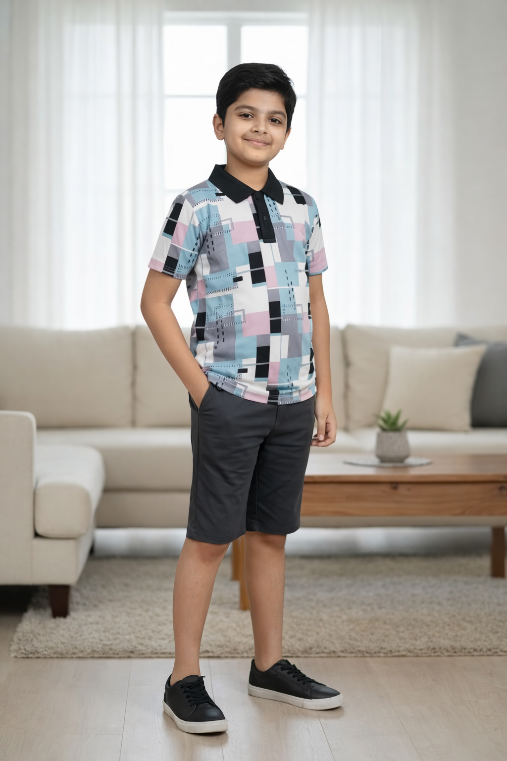Boys Printed Polo Collar T-Shirt & Shorts Set – Black | Looper Fabric Kids Co-ord