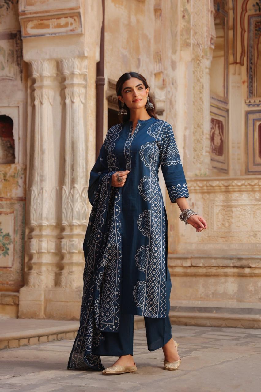 Midnight Blue Pure Cotton Printed Kurta Set with Dupatta