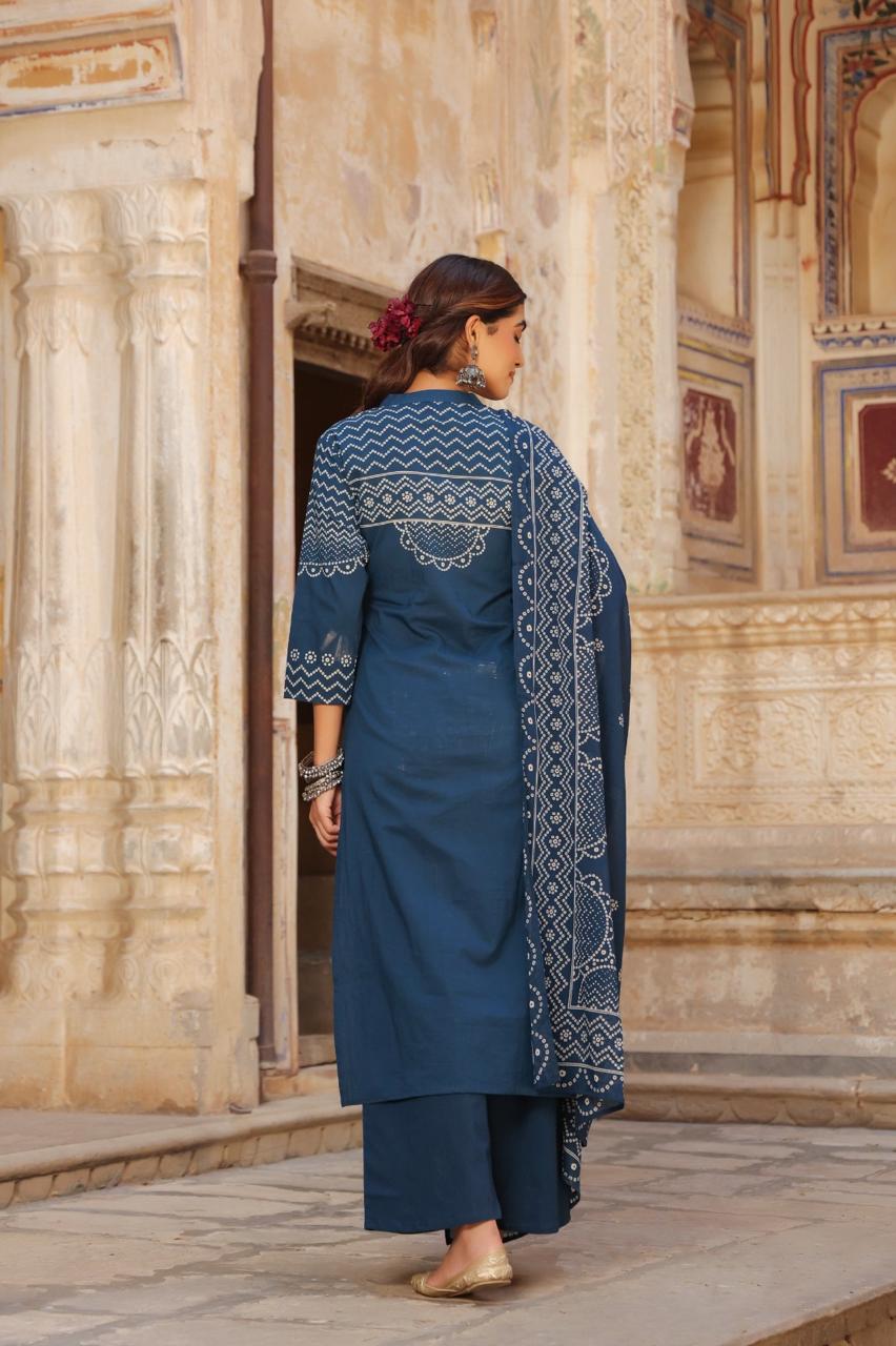 Midnight Blue Pure Cotton Printed Kurta Set with Dupatta