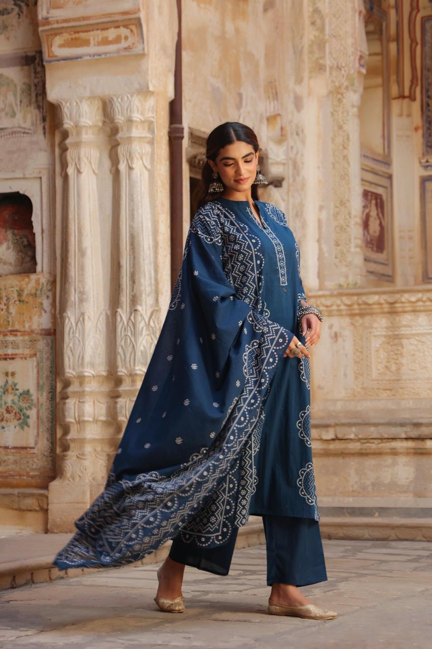 Midnight Blue Pure Cotton Printed Kurta Set with Dupatta