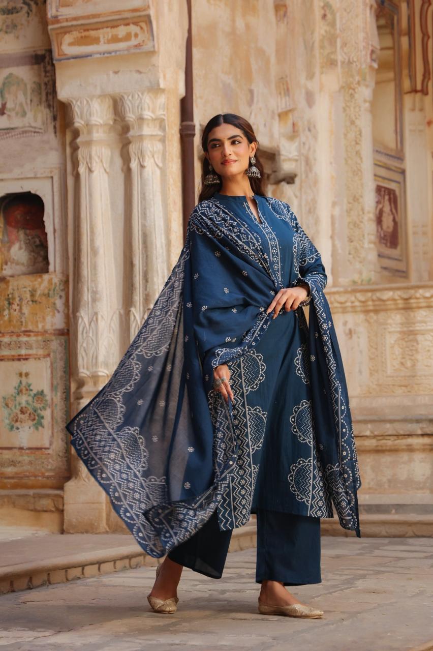 Midnight Blue Pure Cotton Printed Kurta Set with Dupatta