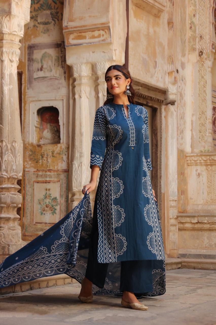 Midnight Blue Pure Cotton Printed Kurta Set with Dupatta