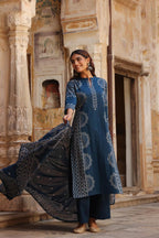 Midnight Blue Pure Cotton Printed Kurta Set with Dupatta
