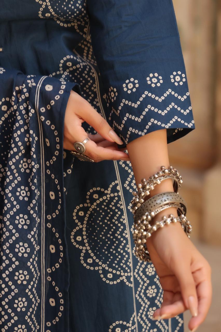 Midnight Blue Pure Cotton Printed Kurta Set with Dupatta
