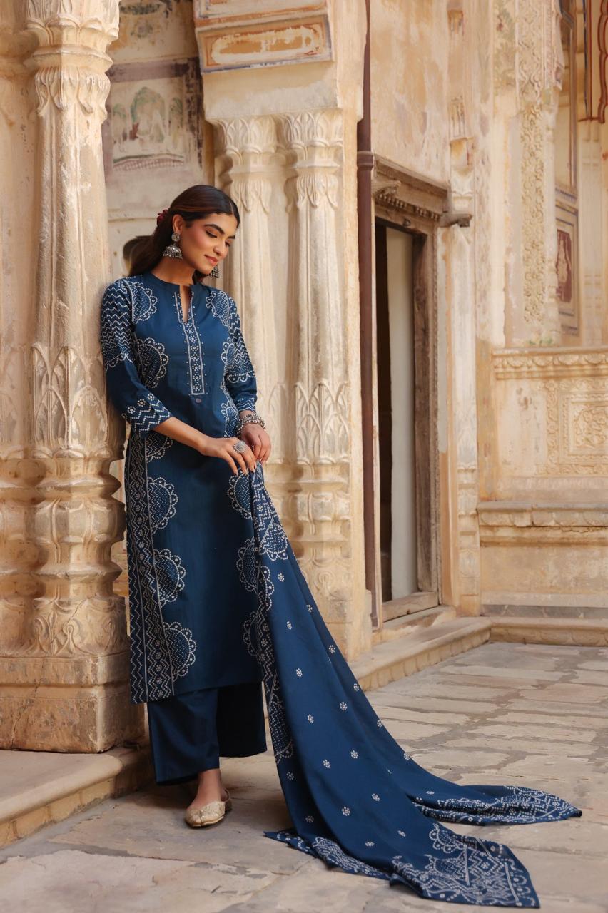 Midnight Blue Pure Cotton Printed Kurta Set with Dupatta