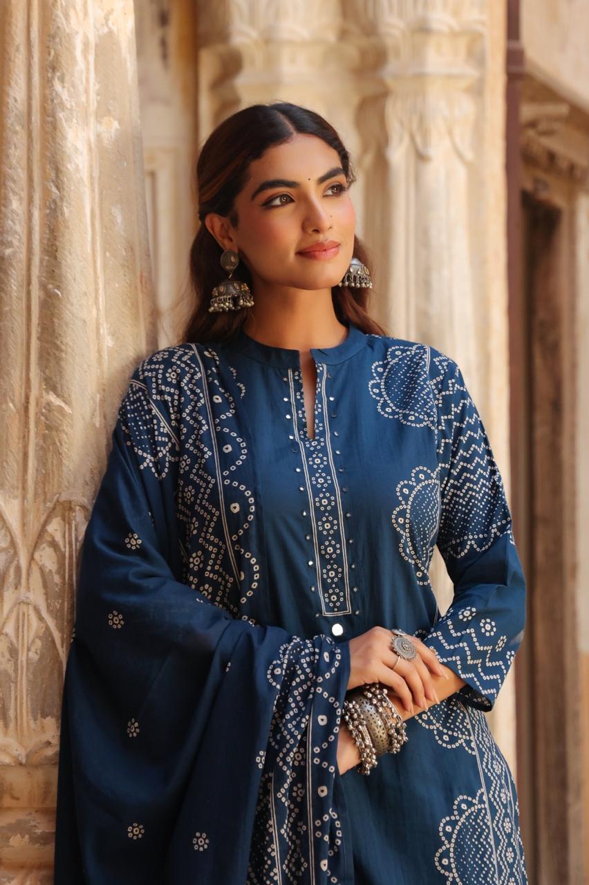 Midnight Blue Pure Cotton Printed Kurta Set with Dupatta