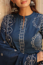 Midnight Blue Pure Cotton Printed Kurta Set with Dupatta