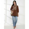 Women’s Brown Cotton Embroidered Short Top