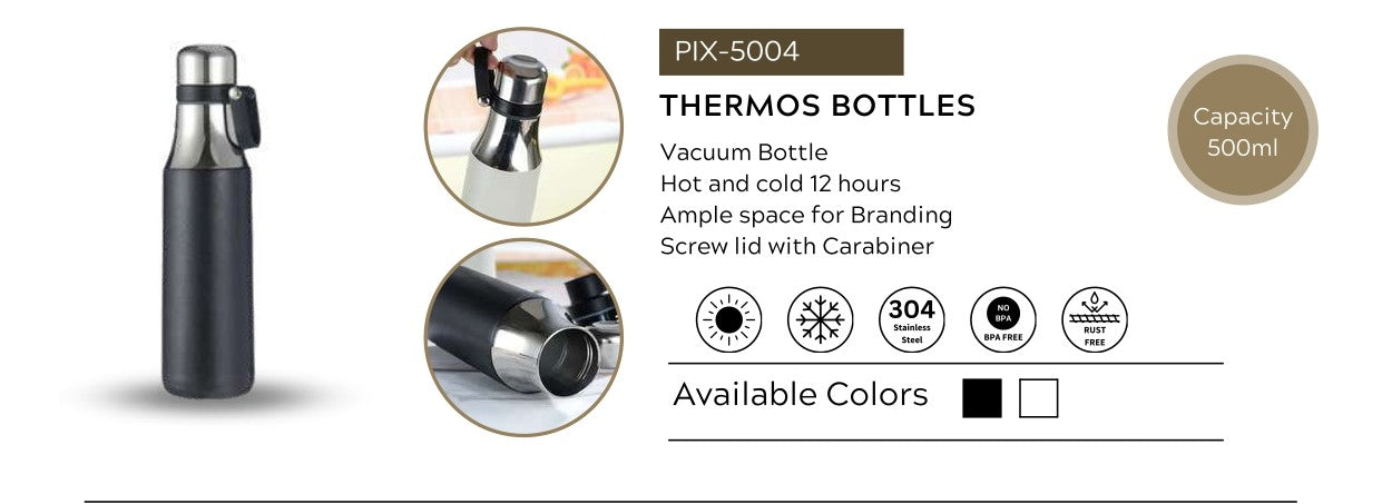 Stainless Steel Vacuum Thermos Bottle – 500ml | Screw Lid with Carabiner | Hot & Cold