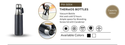 Stainless Steel Vacuum Thermos Bottle – 500ml | Screw Lid with Carabiner | Hot & Cold