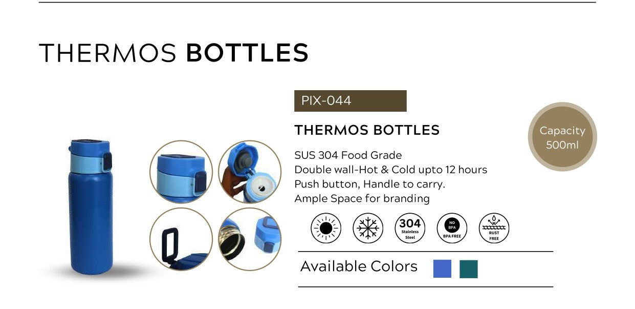 Stainless Steel Thermos Bottle – 500ml | Push Button Lid with Handle | Hot & Cold