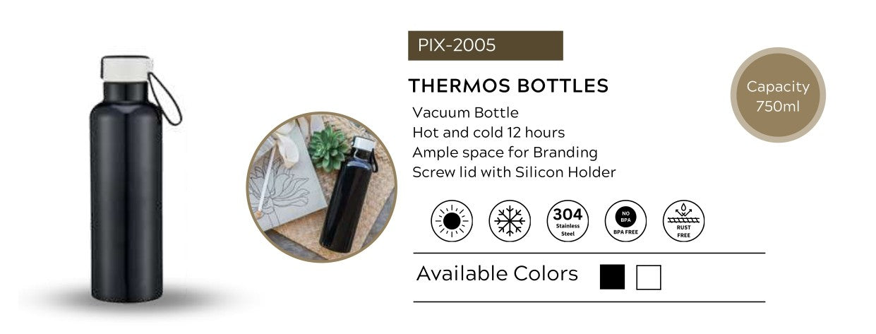 Stainless Steel Vacuum Thermos Bottle – 750ml | Screw Lid with Silicone Holder | Hot & Cold