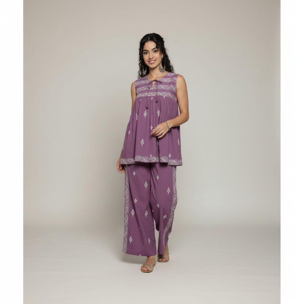 Women’s Cotton Co-Ord Set – Elegant Printed Top & Pants (Purple)