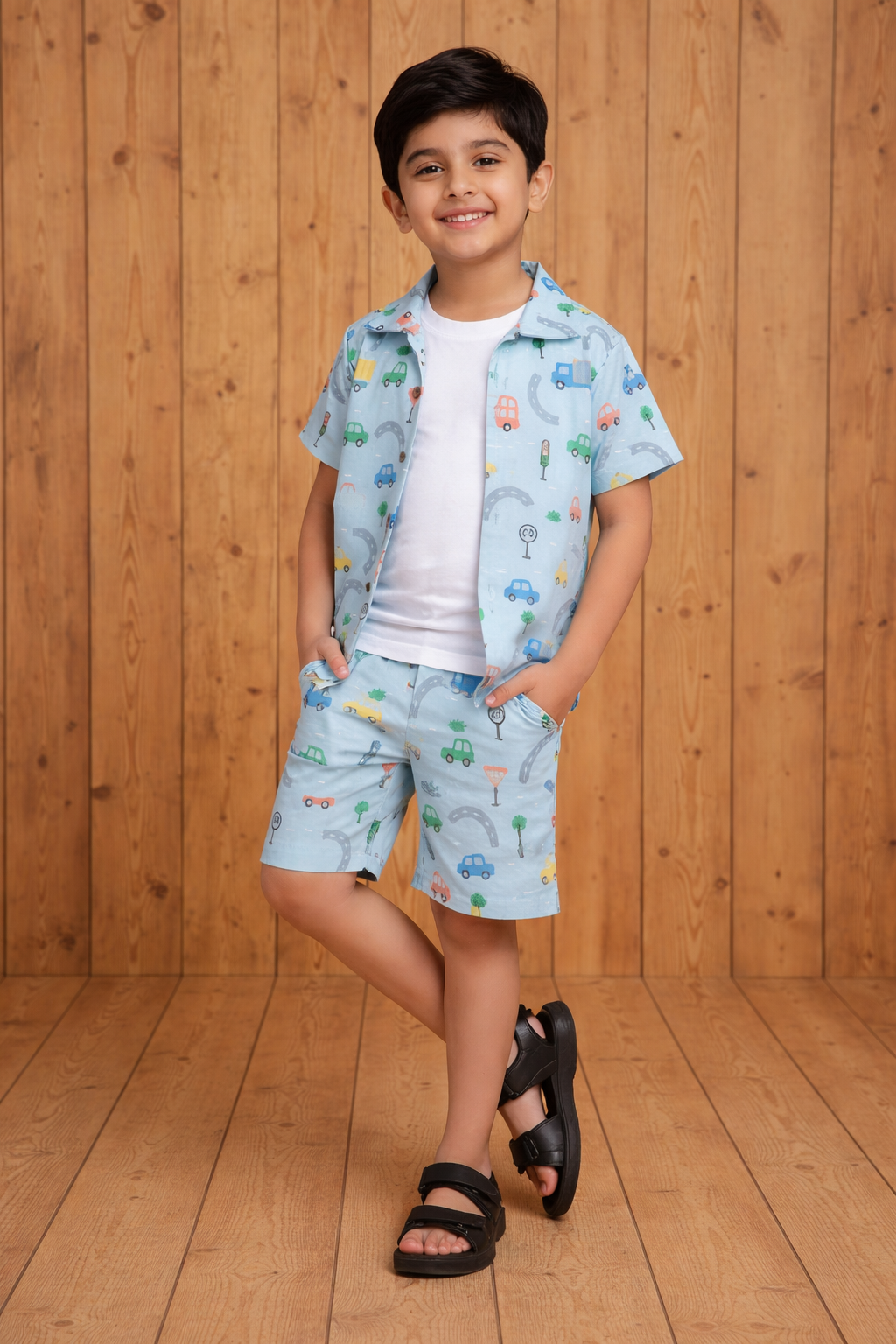 Kids Car Print Co-ord Set – Machine Printed Valentino Fabric | Soft Summer Outfit