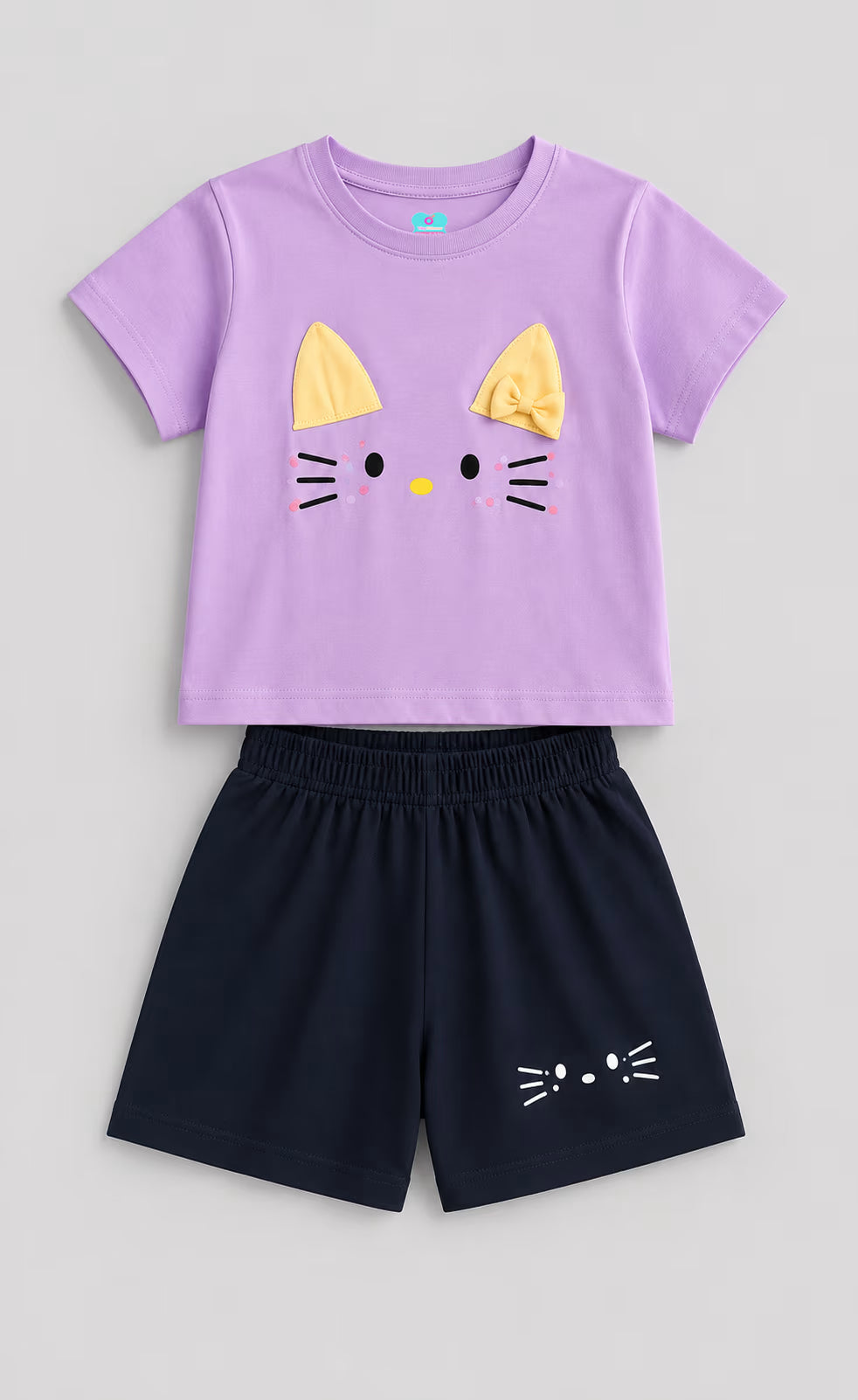 Girls Lavender Kitty Face 100% Cotton Bio-Washed T-Shirt &  Shorts Co-Ord Set