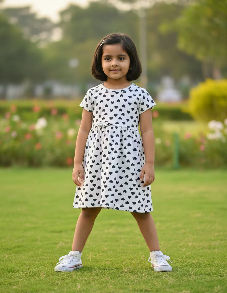 Girls White Heart Printed Cotton Dress with Bow details
