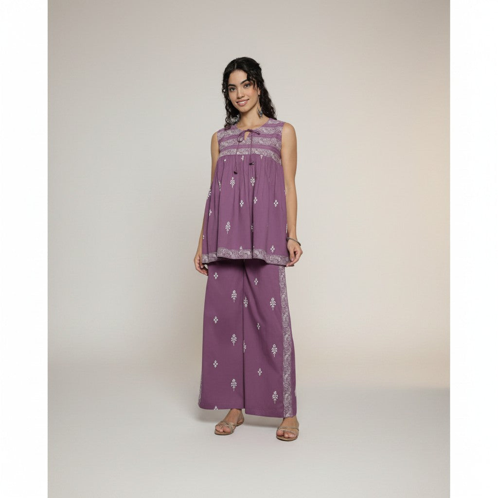 Women’s Cotton Co-Ord Set – Elegant Printed Top & Pants (Purple)