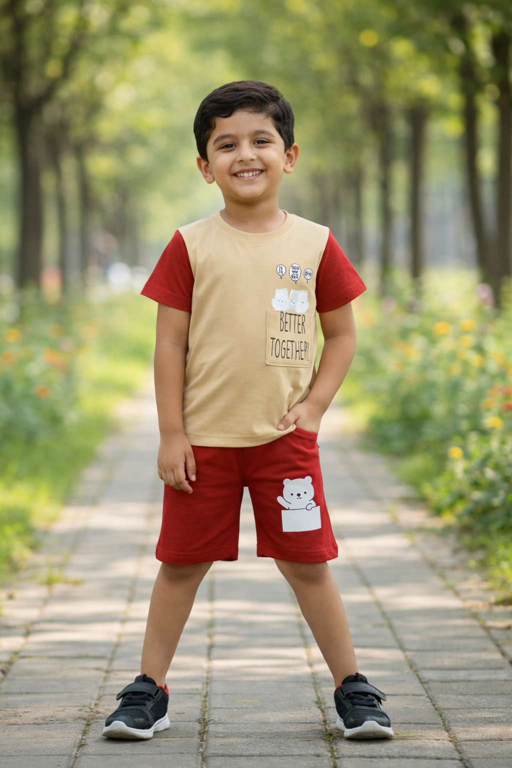 Kids Printed T-Shirt & Shorts Set – Micro Looper Fabric | Beige & Red Co-ord
