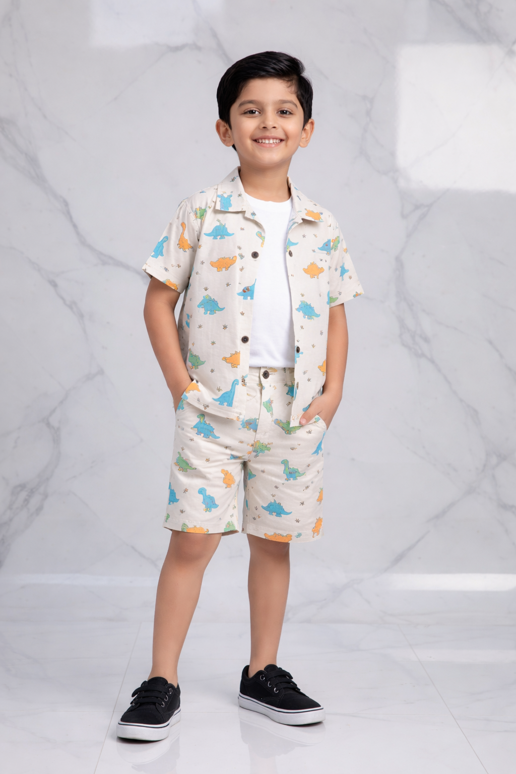 Kids Dino Print Valentino Co-ord Set – Premium Shirt & Shorts Summer Outfit
