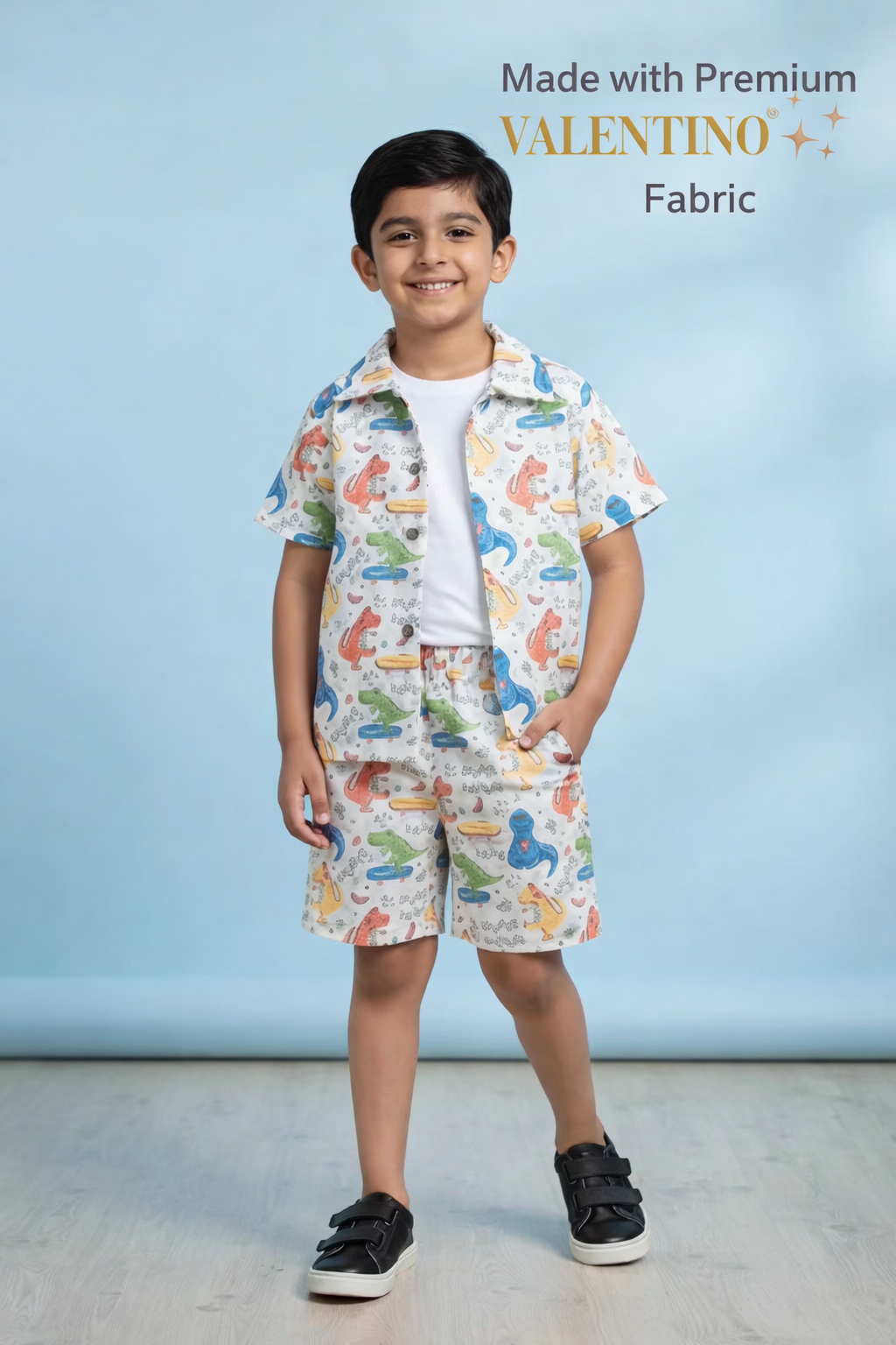 Kids Dino Print Co-ord Set – Shirt, Tee & Shorts | Valentino Fabric Summer Outfit