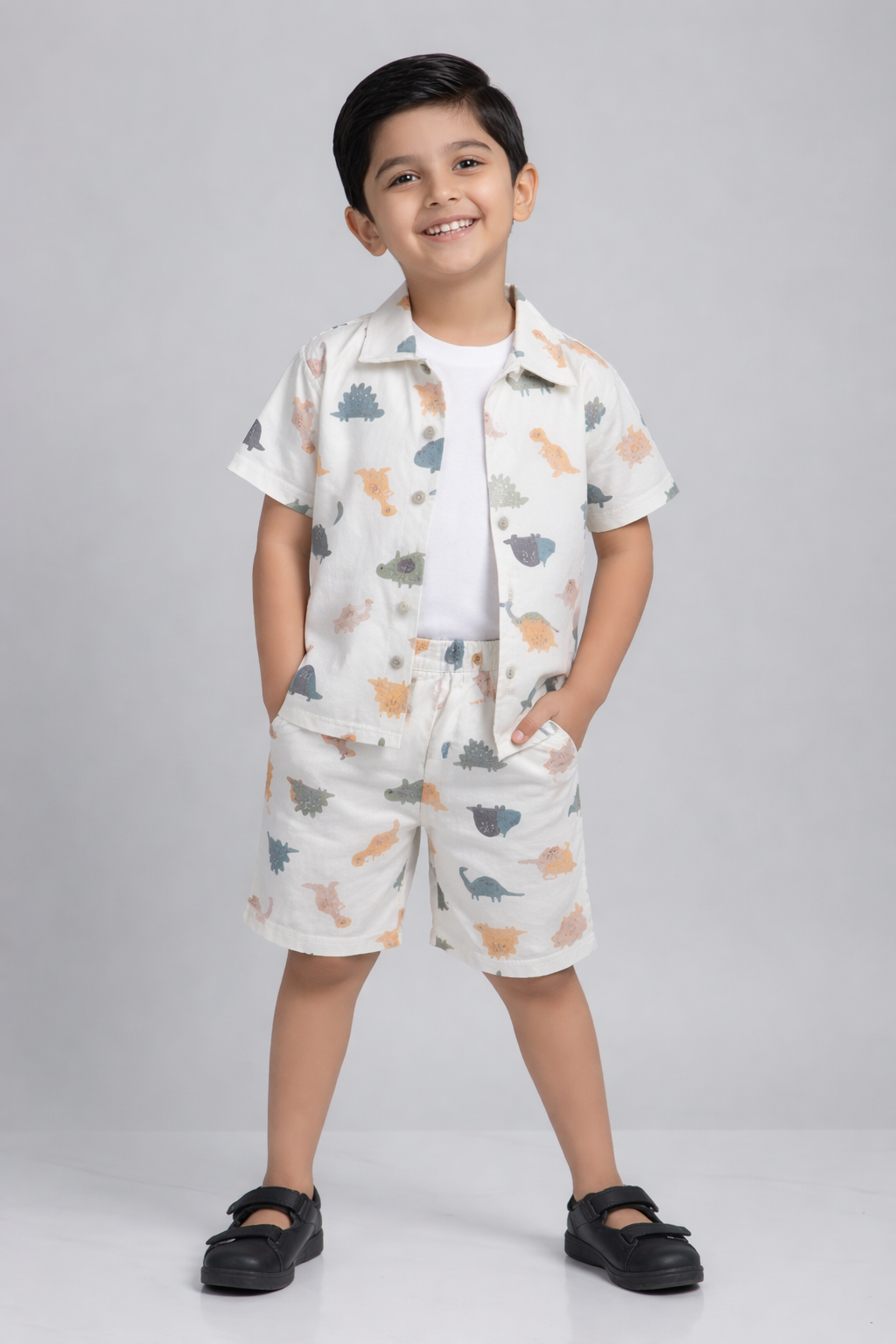 Kids Dinosaur Print Valentino Co-ord Set – Premium Shirt, Tee & Shorts Outfit
