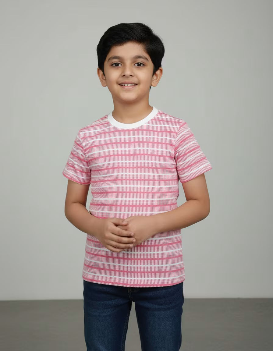 Kids Cathonic Fabric Striped T-Shirt – Soft Casual Round Neck Tee for Boys