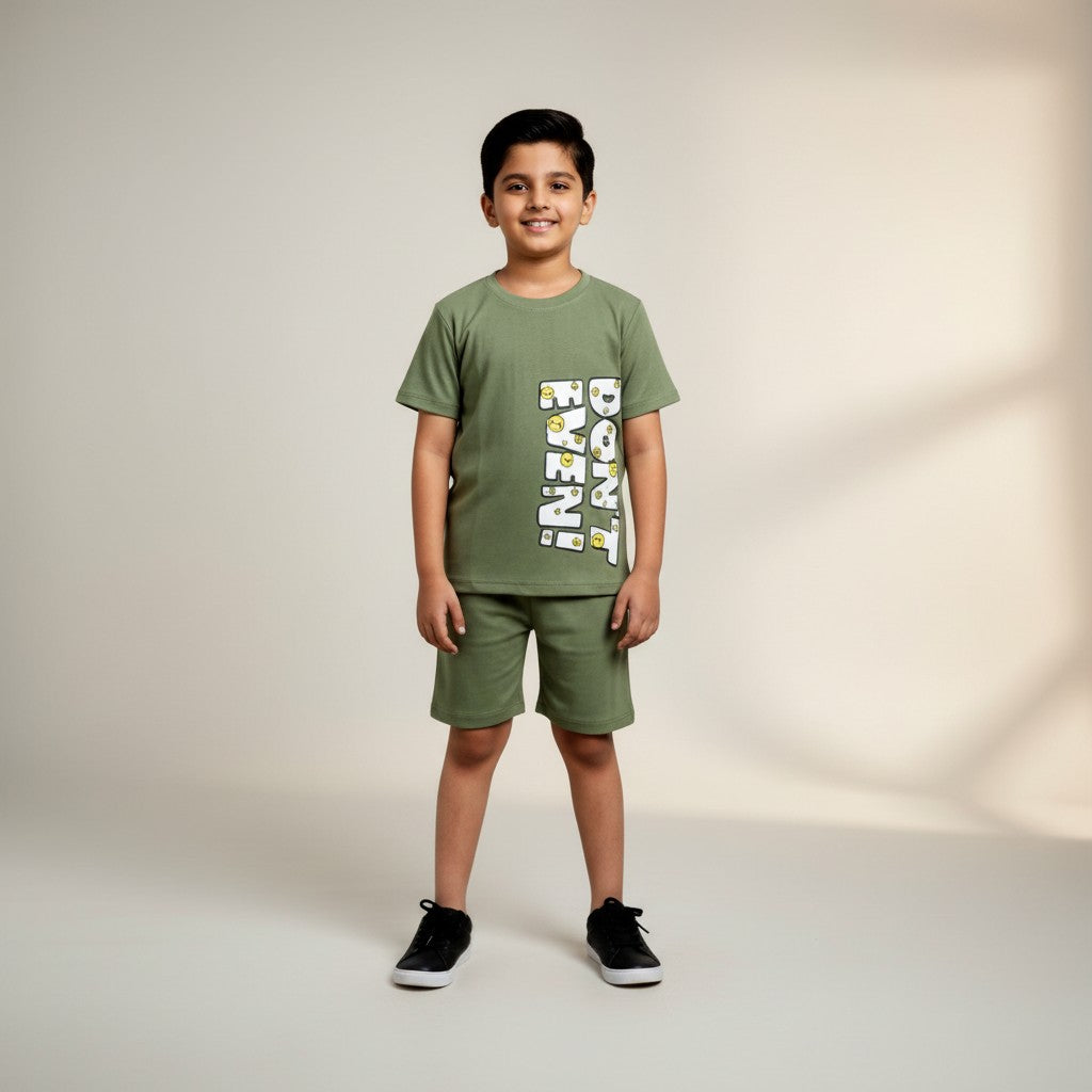 Boys Printed Cotton Set – “DON’T EVEN” Graphic T-shirt & Shorts (Olive Green)