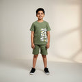 Boys Printed Cotton Set – “DON’T EVEN” Graphic T-shirt & Shorts (Olive Green)