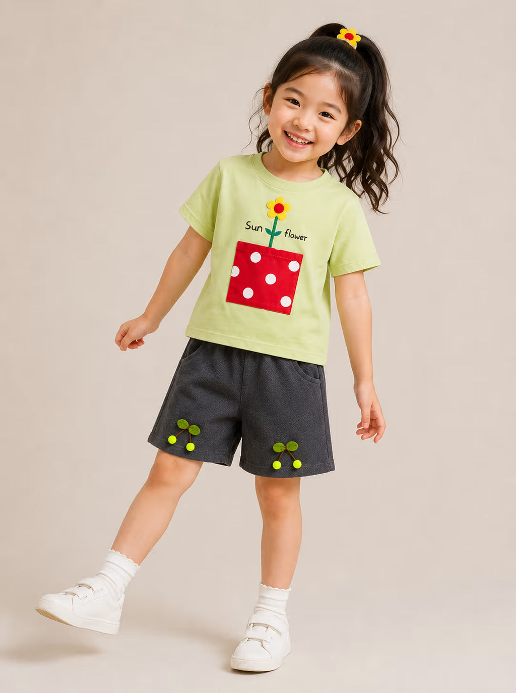 Girls Peach Sunflower Applique T-Shirt & Navy Blue Shorts Co-Ord Set