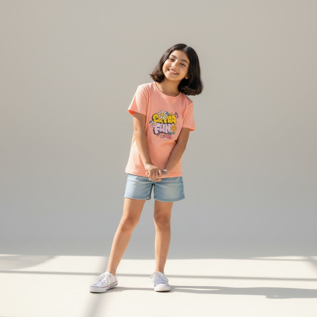 Girls Peach Printed T-Shirt – Floral Graphic Tee