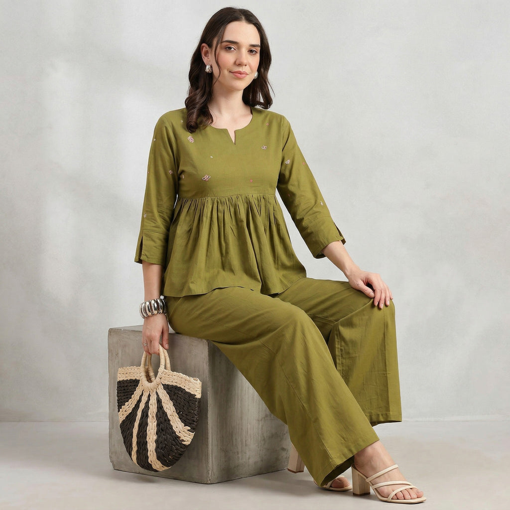Women’s Cotton Co-Ord Set – Elegant Olive Green Top & Wide Pants