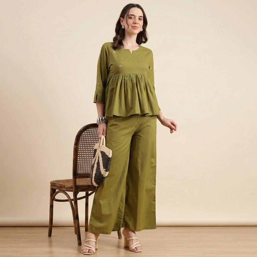 Women’s Cotton Co-Ord Set – Elegant Olive Green Top & Wide Pants