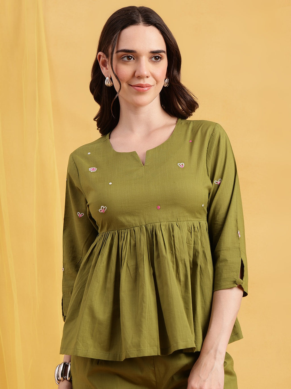 Women’s Cotton Co-Ord Set – Elegant Olive Green Top & Wide Pants