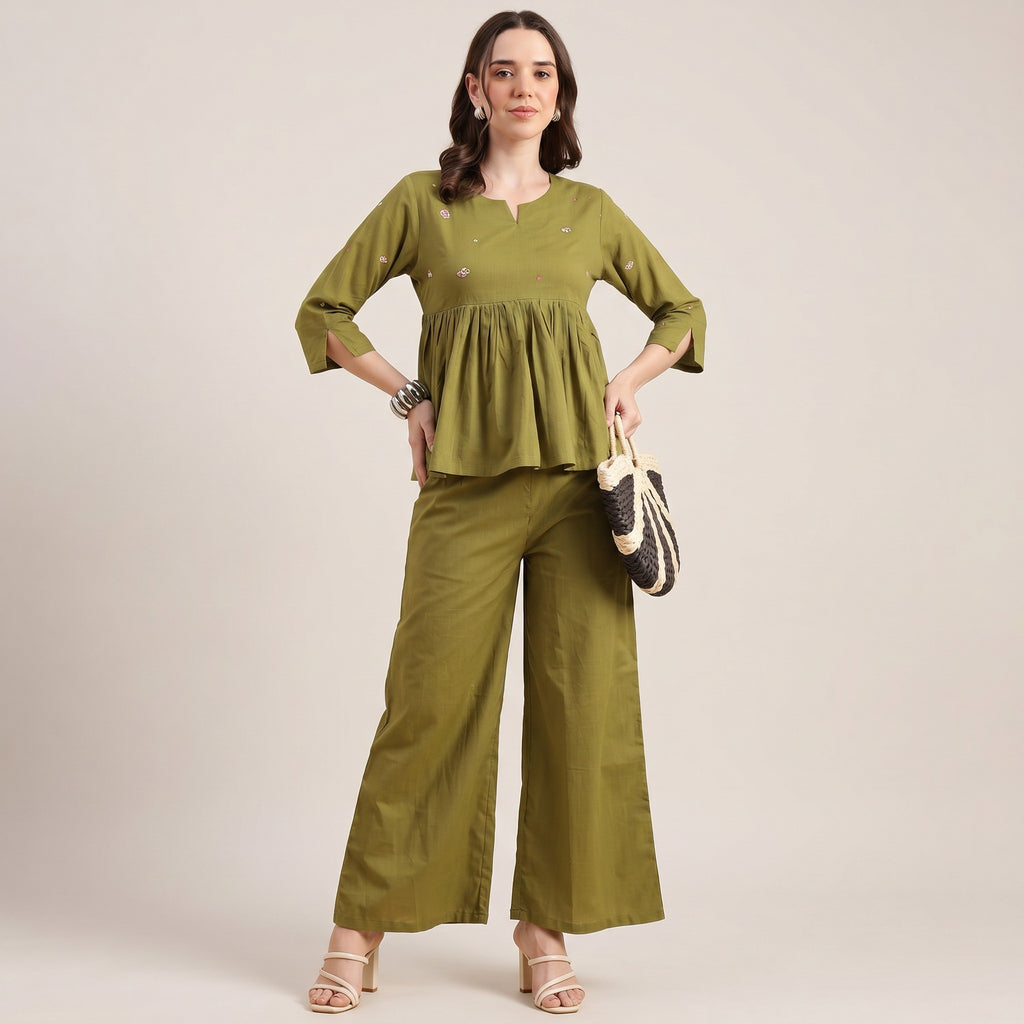 Women’s Cotton Co-Ord Set – Elegant Olive Green Top & Wide Pants