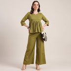 Women’s Cotton Co-Ord Set – Elegant Olive Green Top & Wide Pants
