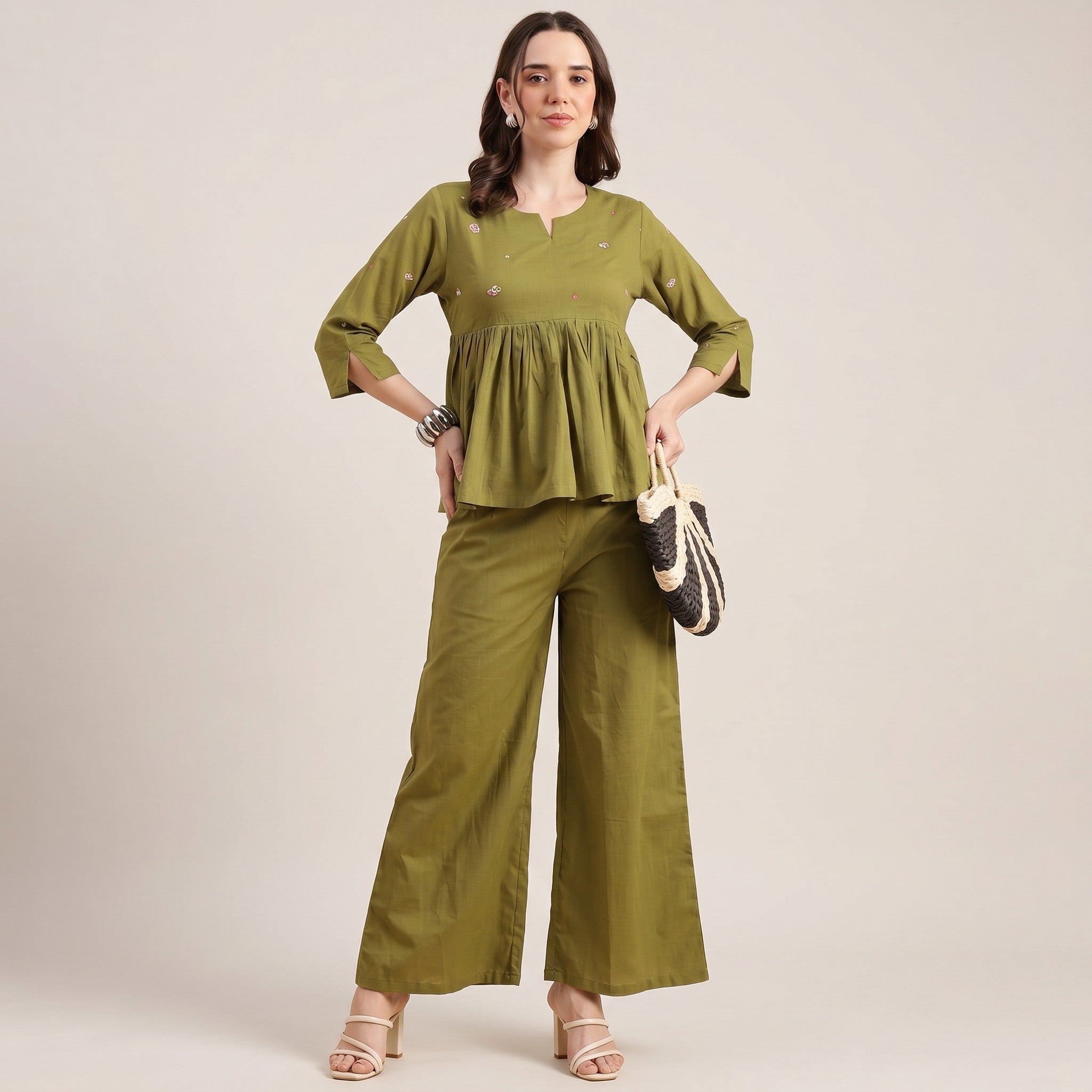 Women’s Cotton Co-Ord Set – Elegant Olive Green Top & Wide Pants
