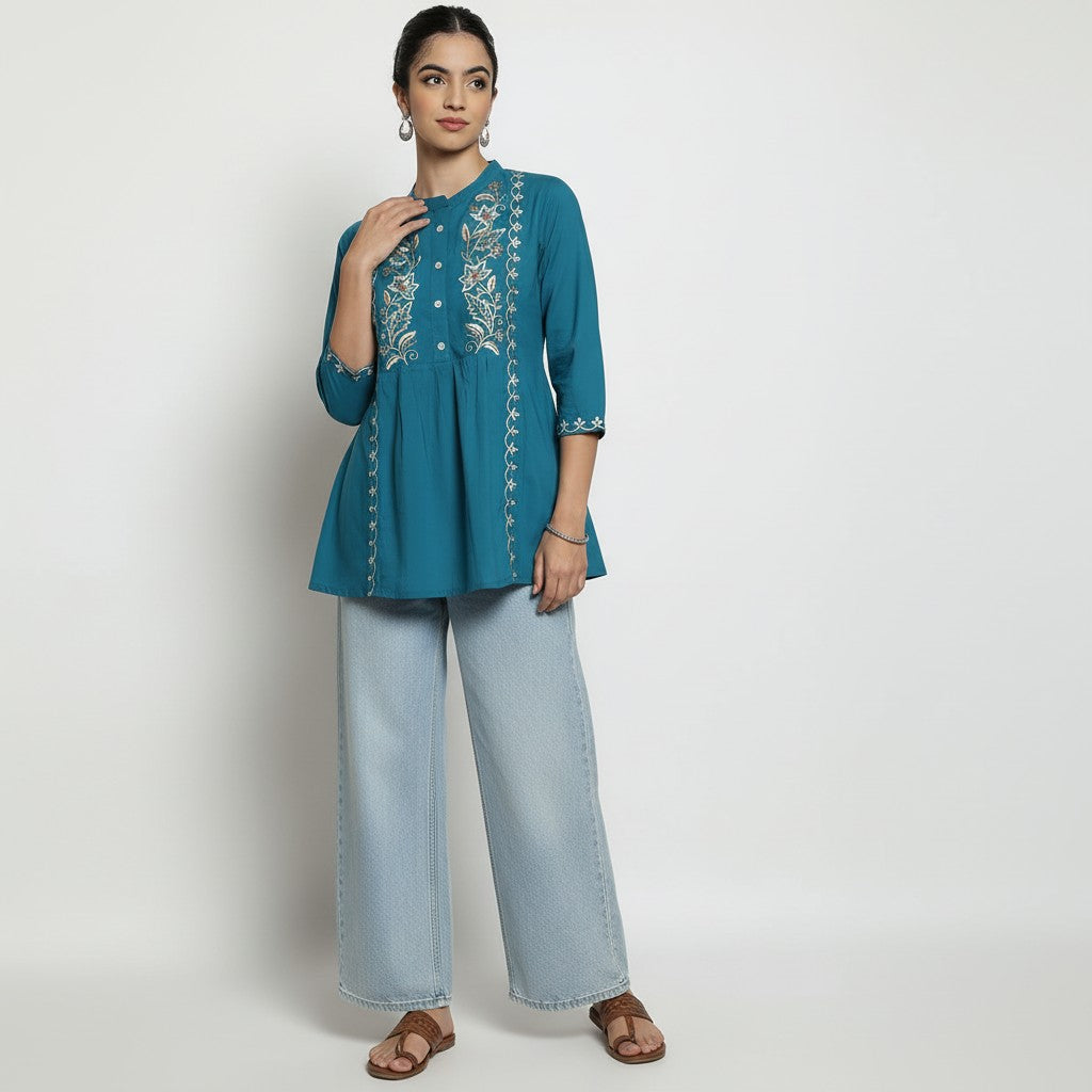Women’s Teal Blue Cotton Embroidered Short Top