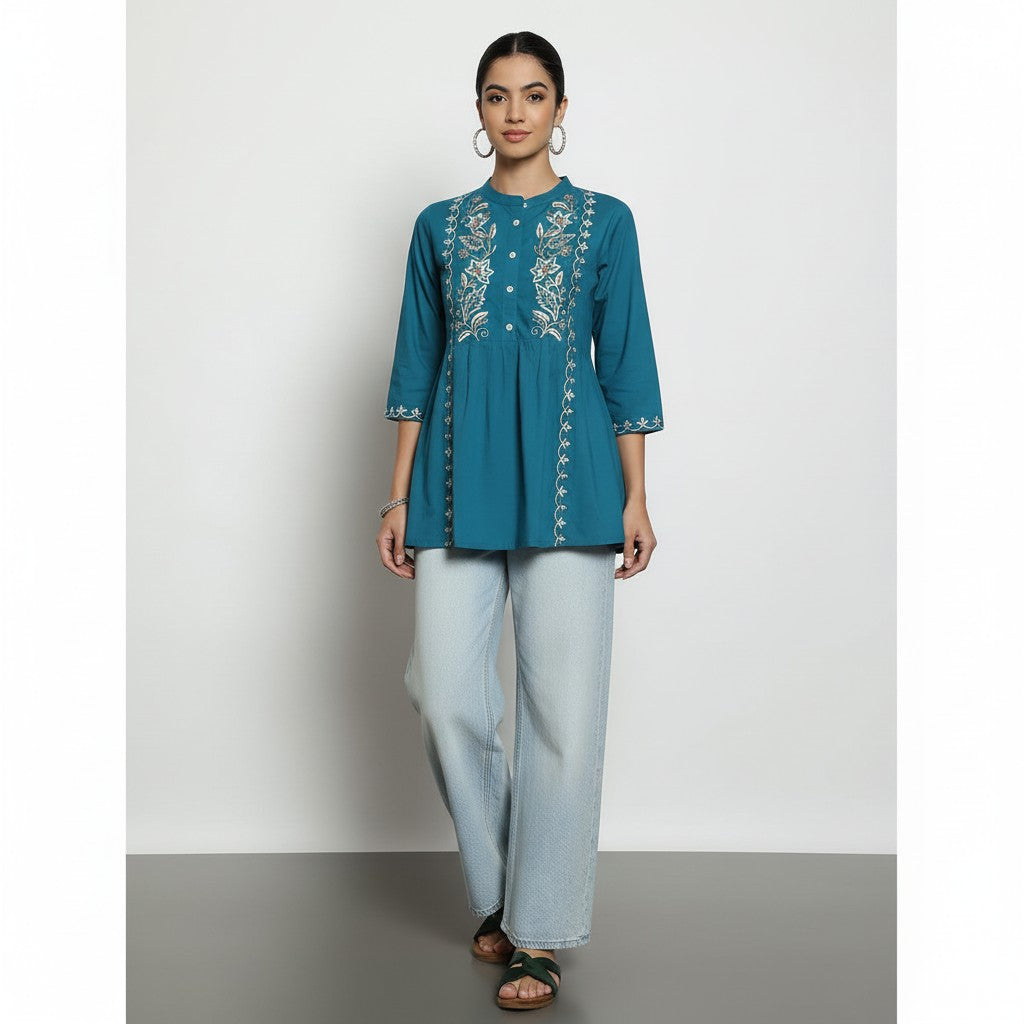 Women’s Teal Blue Cotton Embroidered Short Top