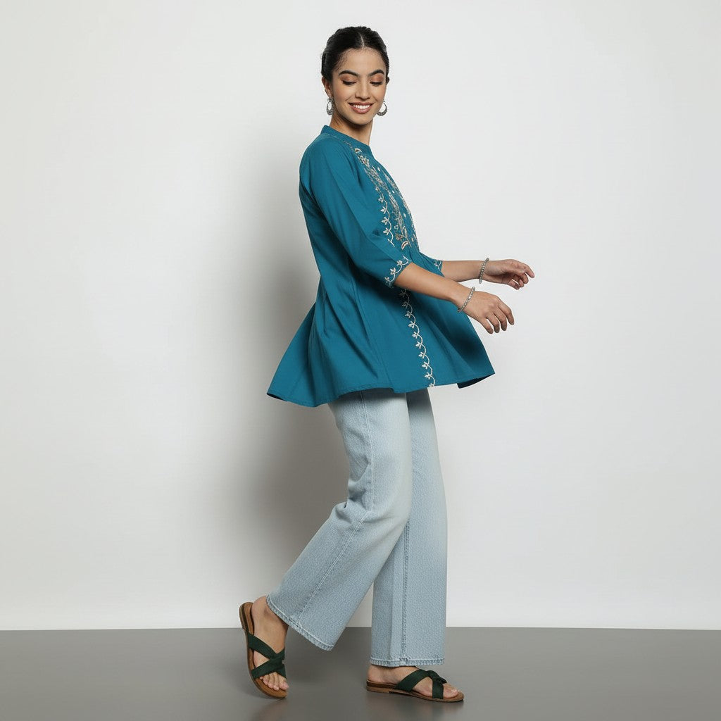 Women’s Teal Blue Cotton Embroidered Short Top