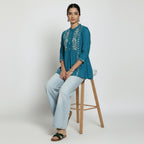 Women’s Teal Blue Cotton Embroidered Short Top