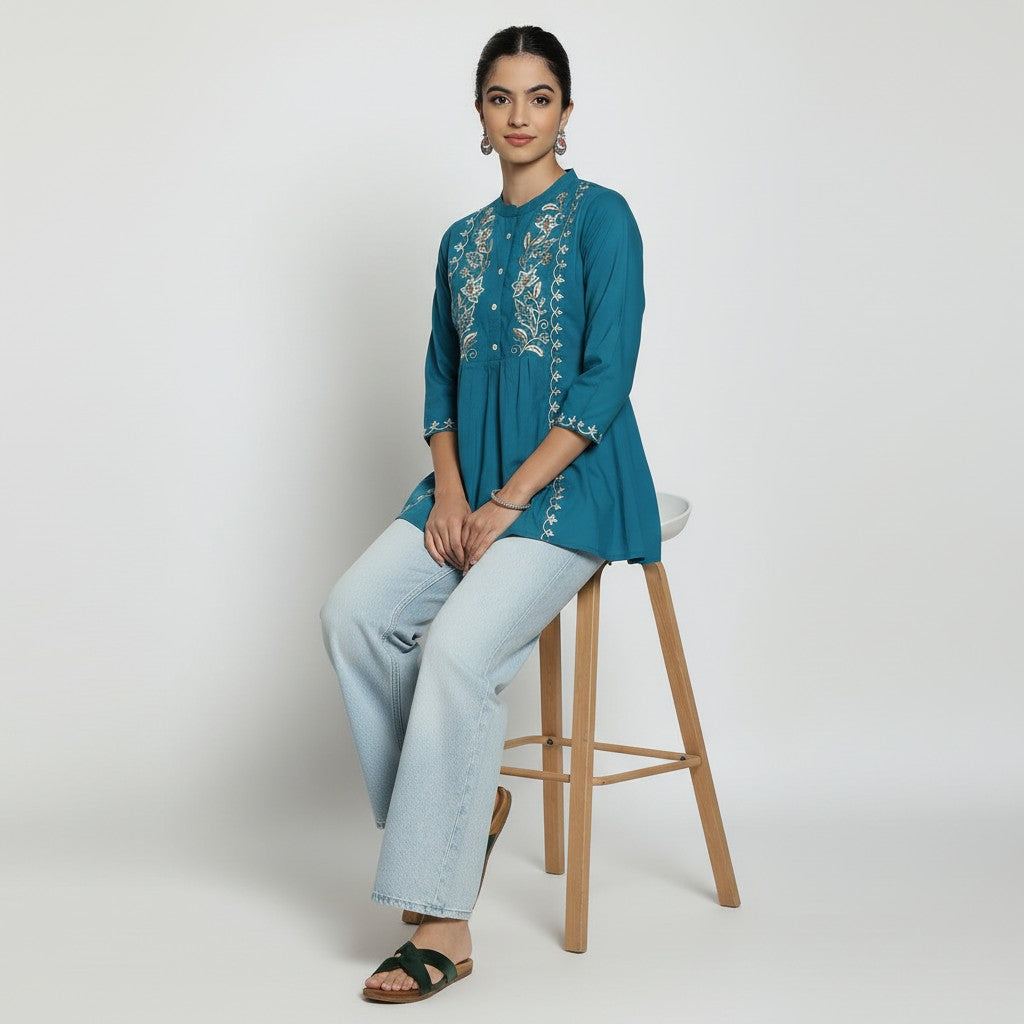 Women’s Teal Blue Cotton Embroidered Short Top