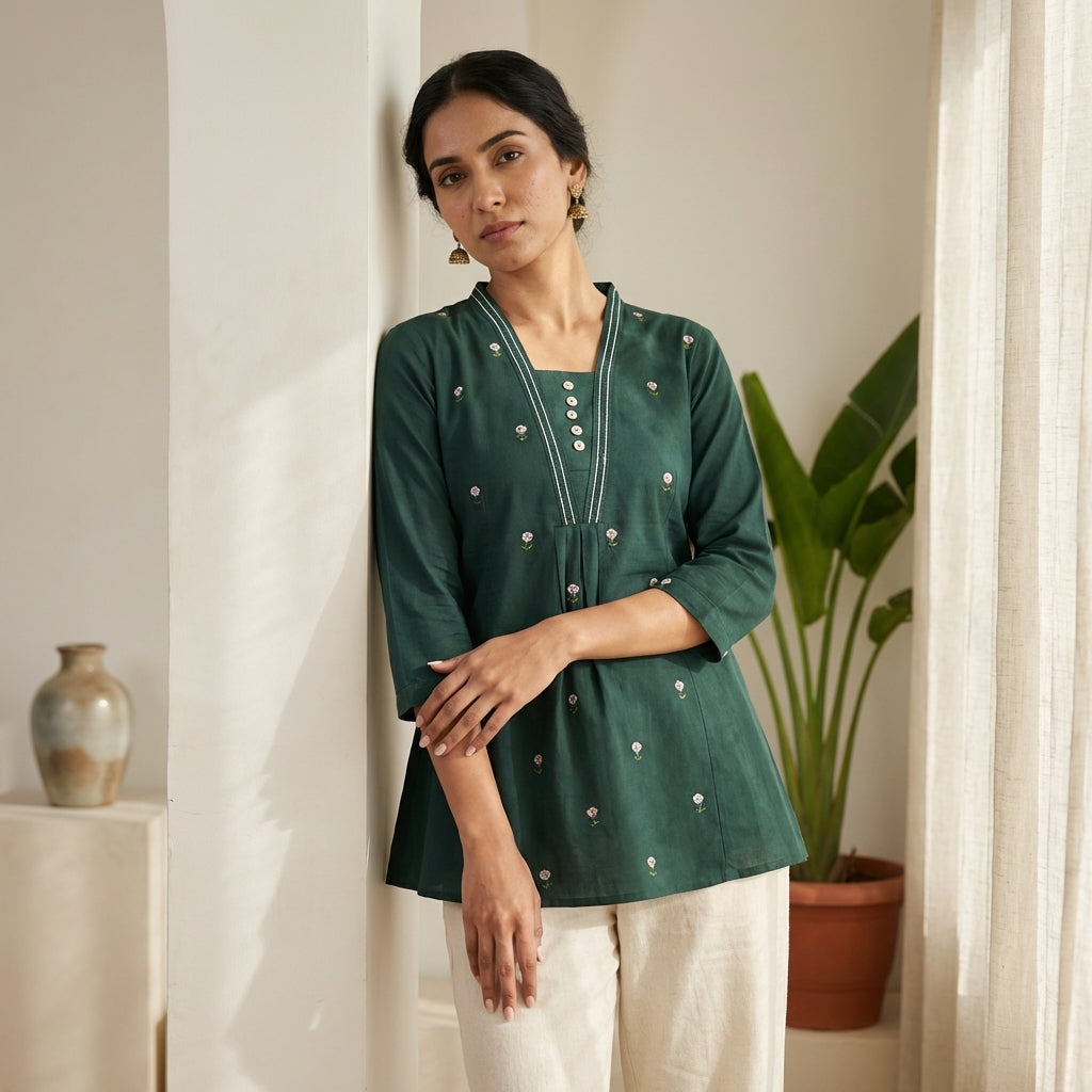 Women’s Cotton Embroidered Short Top – Elegant Casual Wear