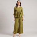 Women’s Cotton Co-Ord Set – Elegant Olive Green Top & Wide Pants