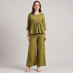 Women’s Cotton Co-Ord Set – Elegant Olive Green Top & Wide Pants