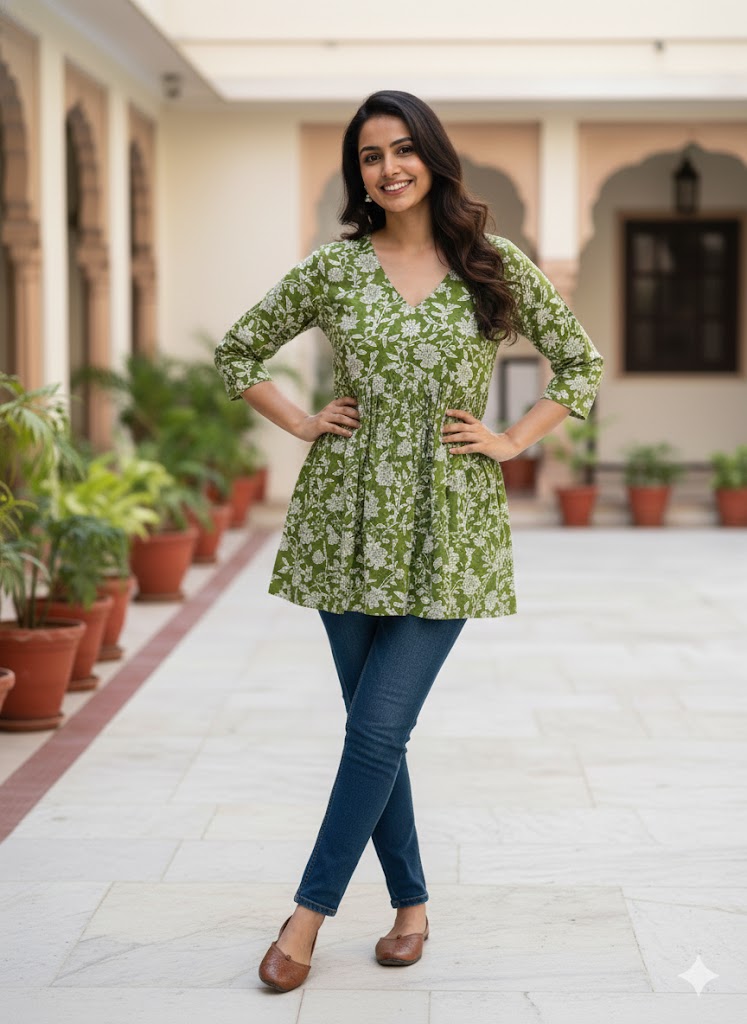 Women’s Olive Green Floral Alia Top | Premium Soft Cotton | V-Neck | Full Sleeves