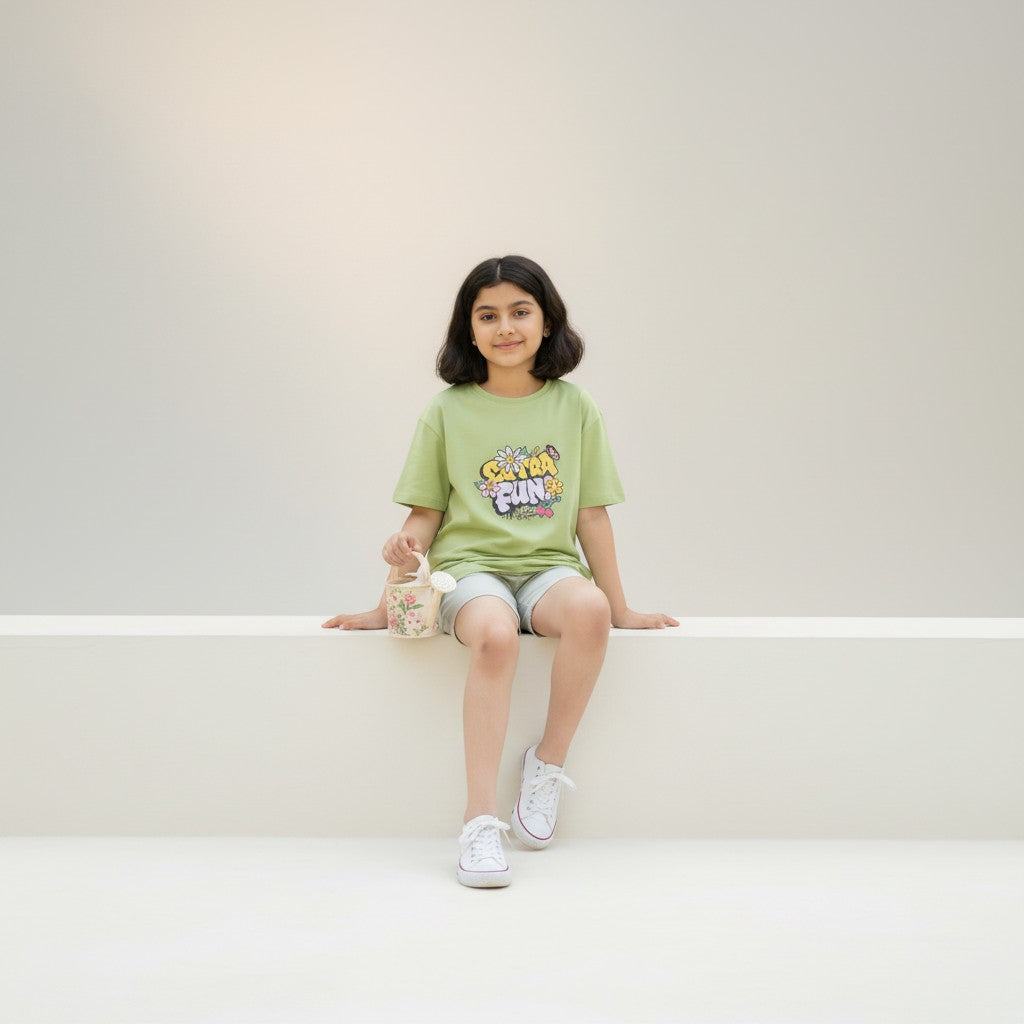 Girls Light Green Printed T-Shirt – Extra Fun Graphic Tee