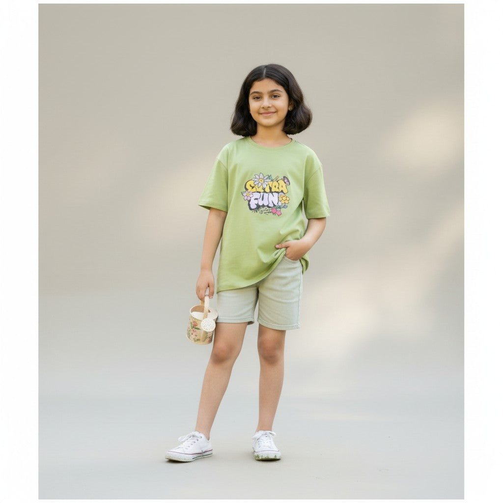 Girls Light Green Printed T-Shirt – Extra Fun Graphic Tee