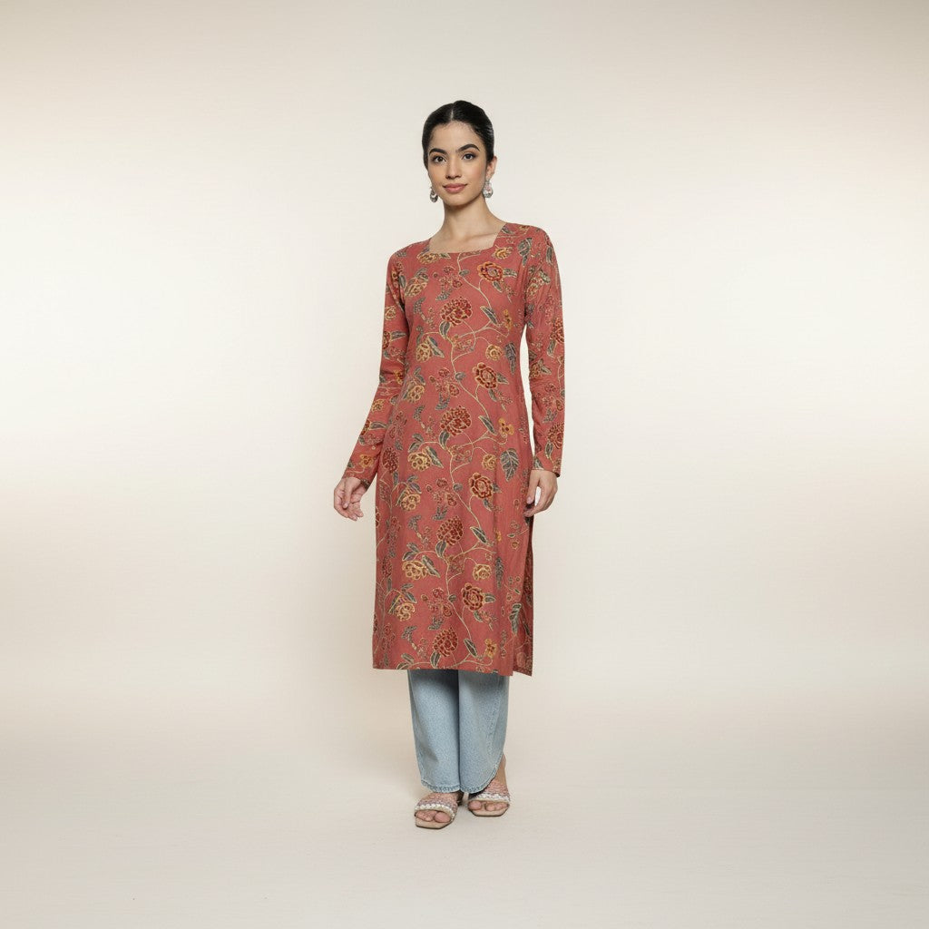 Women’s Cotton Kurti – Elegant Green Floral Printed Kurta